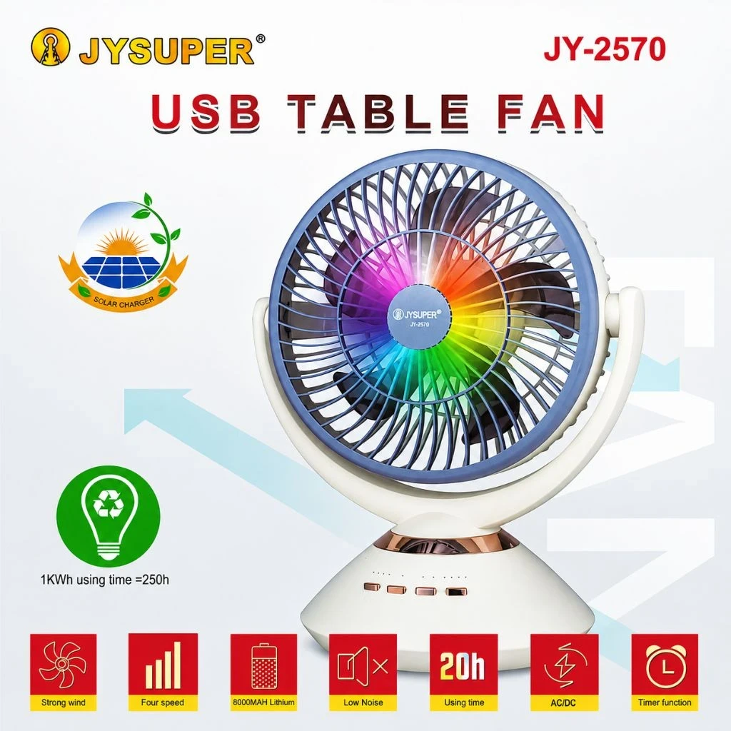 JYSUPER JY-2570 Rechargeable 8000mAh Desk Fan with LED Light - Photo 2