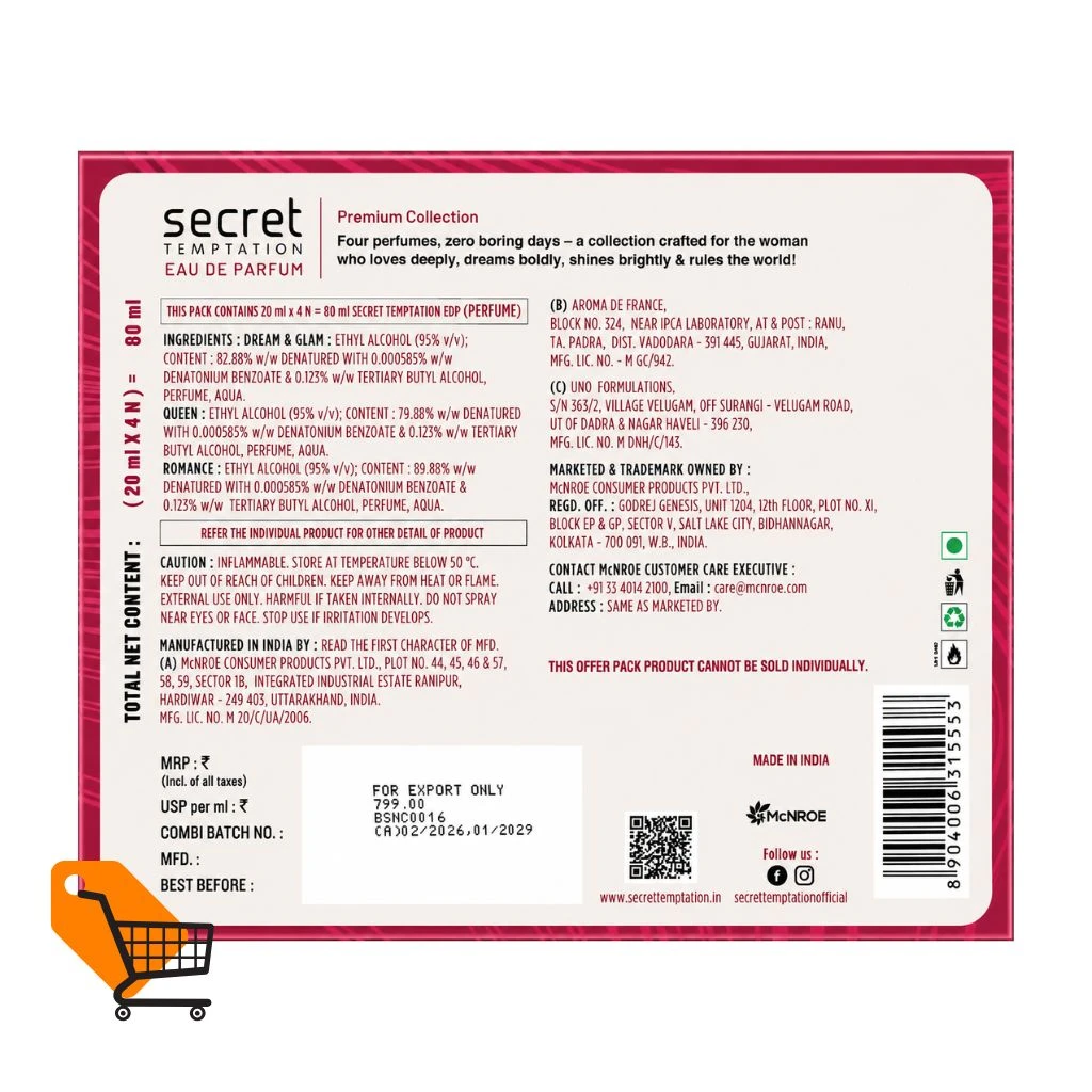 Secret Temptation Luxury Perfume Gift Set For Women With Romance, Dream, Glam & Queen Pack Of 4 (20ml Each) - Photo 2